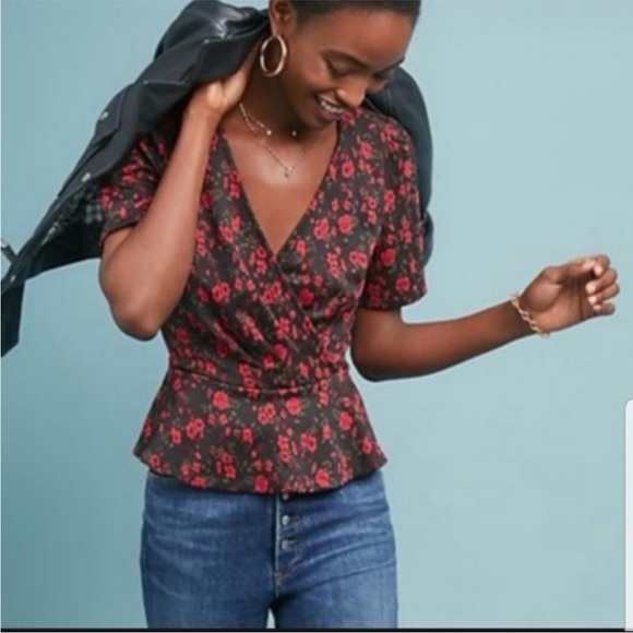 🌹 Anthropologie Meadow Rue Peplum Floral Wrap Cottagecore Blouse Large - Picture 2 of 8